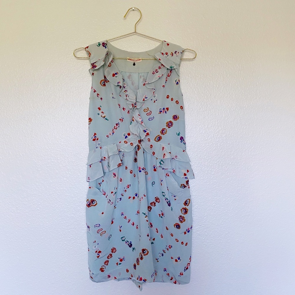 REBECCA TAYLOR Peplum Ruffle Paisley Print Mini Dress in Light Blue SZ 0